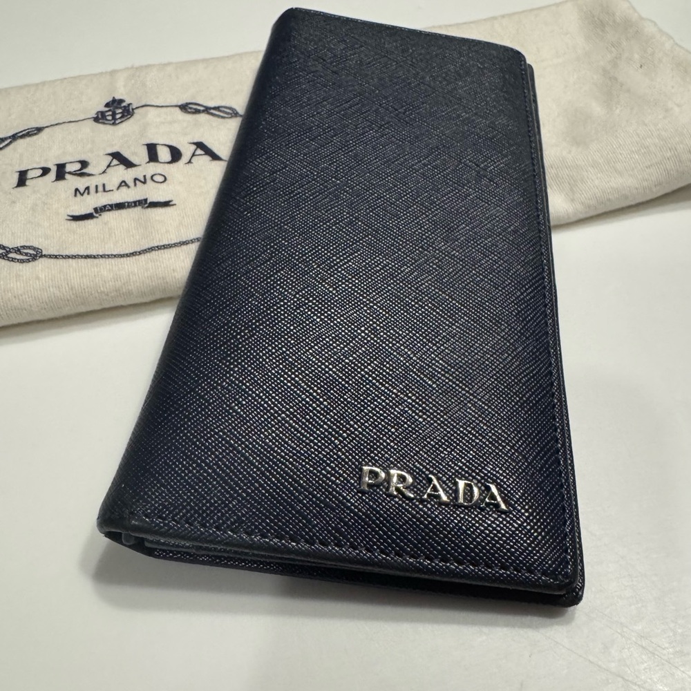 Prada Men's Navy Blue bifold saffiano leather long wallet